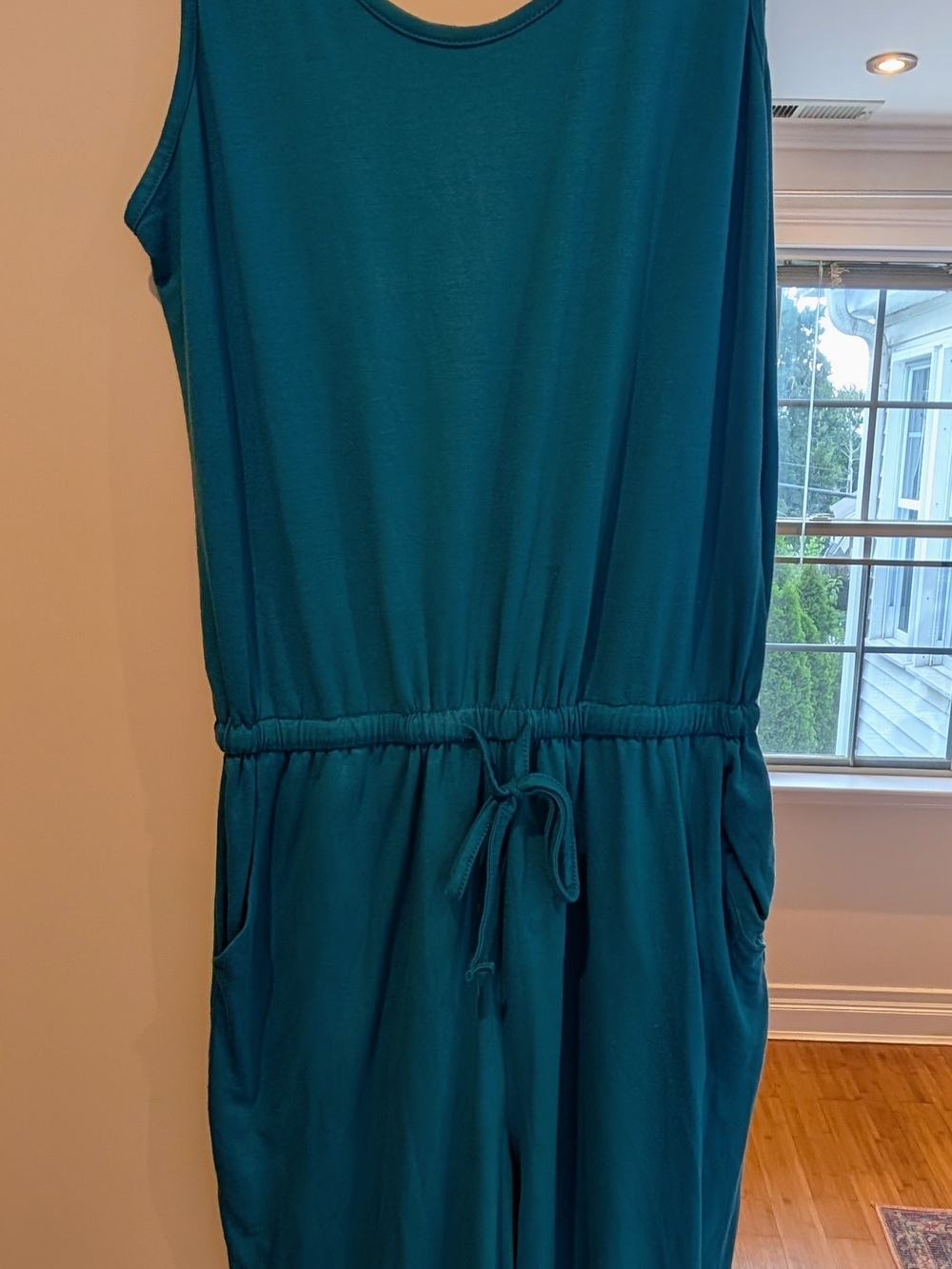 REORIA Teal Blue Knit Sleeveless Jumpsuit Drawstring Elastic Waist Pockets M